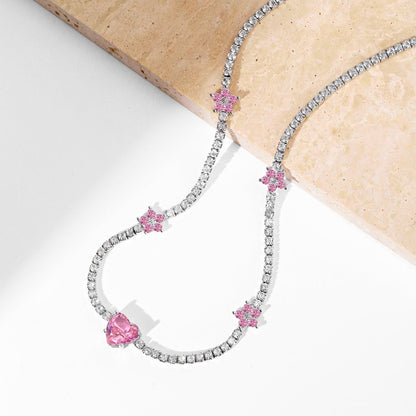 [Everoly JW]Dazzling Pink Heart Flower Necklace