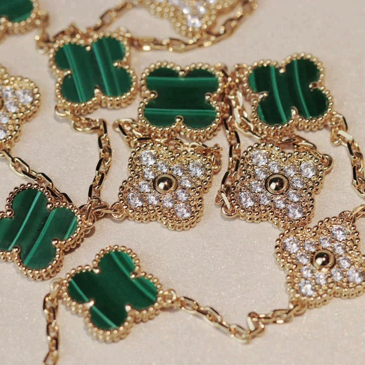 [Everoly JW]CLOVER 20 MOTIFS MALACHITE DIAMOND NECKLACE