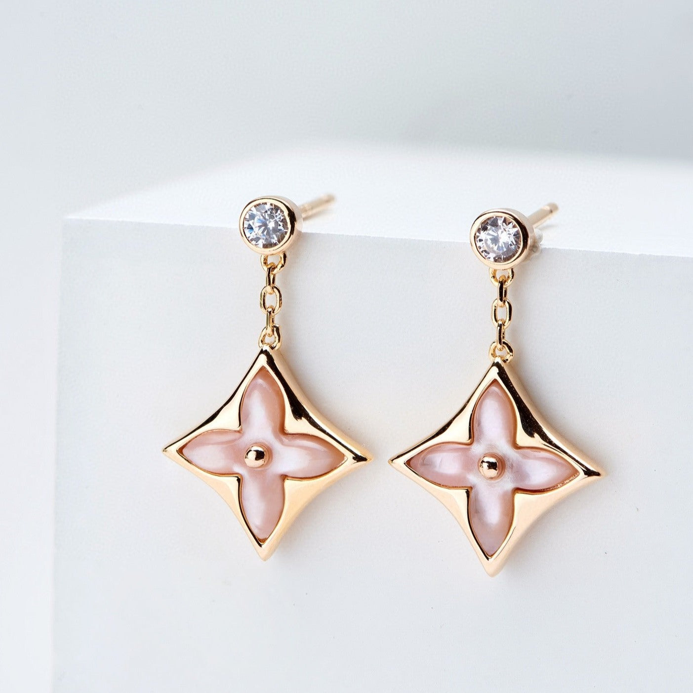 [Everoly JW]DOUBLE STAR PINK GOLD MOP DROP EARRINGS