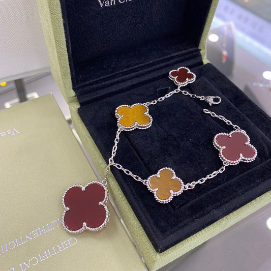 [Everoly JW]CLOVER 5 MOTIFS SIVLER CARNELIAN TIGER EYE BRACELET