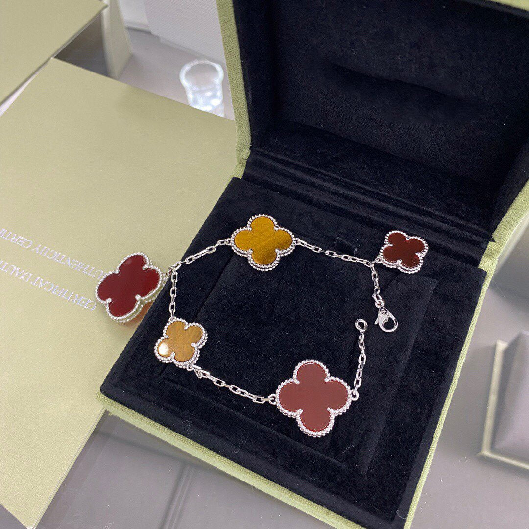 [Everoly JW]CLOVER 5 MOTIFS SIVLER CARNELIAN TIGER EYE BRACELET