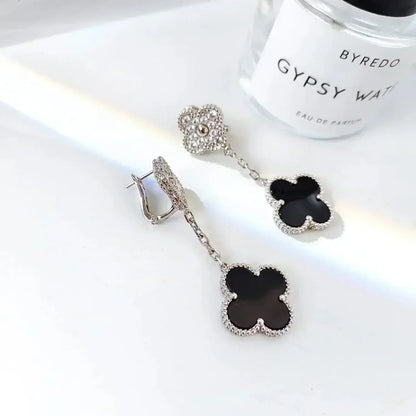 [Everoly JW]CLOVER 2 MOTIFS  DIAMOND ONYX EARRINGS SILVER