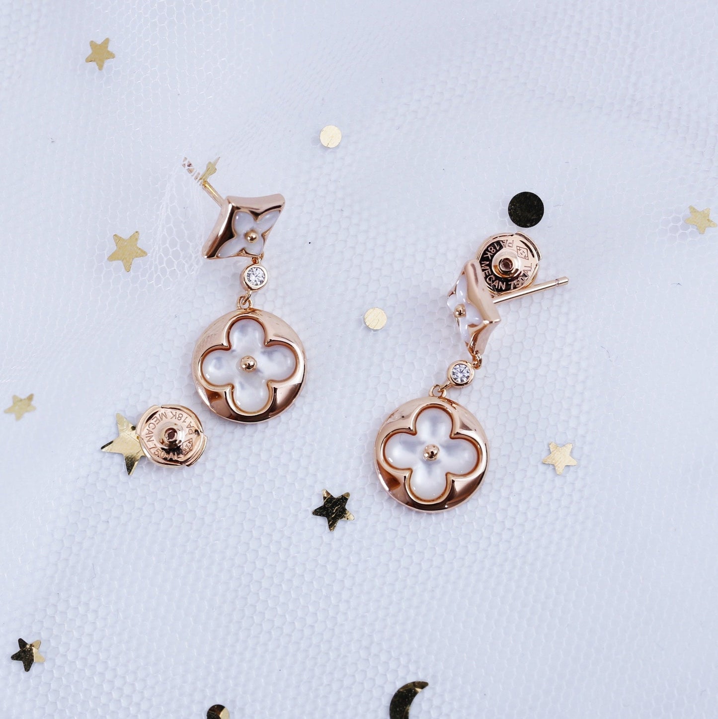 [Everoly JW]STAR AND SUN PINK GOLD MOP DROP EARRINGS