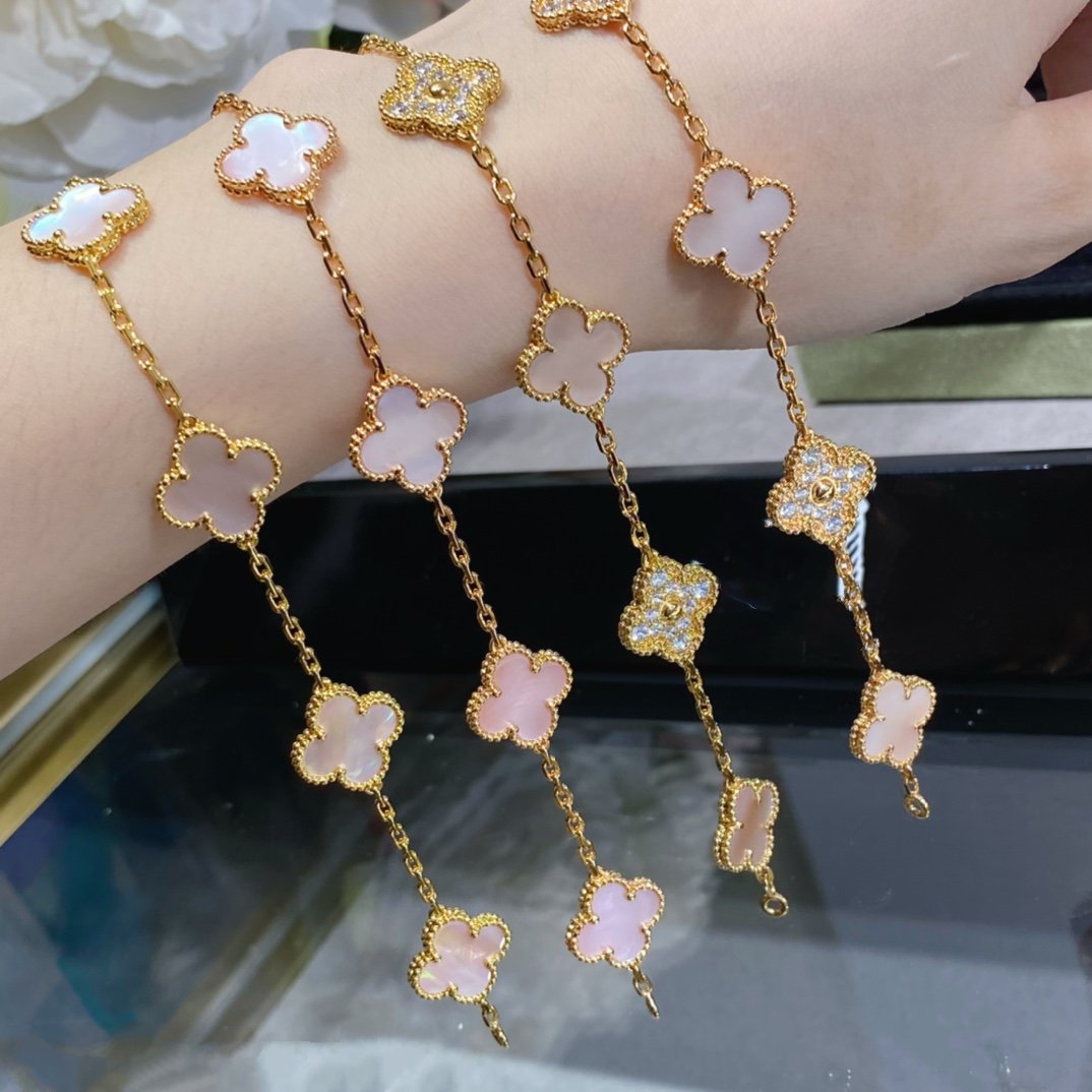 [Everoly JW]CLOVER 5 MOTIF DIAMOND PINK MOP PINK GOLD BRACELET