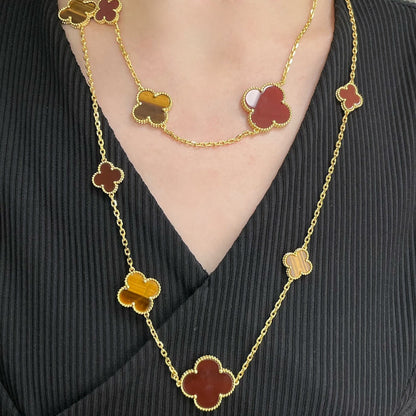 [Everoly JW]CLOVER 16 MOTIF CARNELIAN TIGER EYE ROSE GOLD NECKLACE