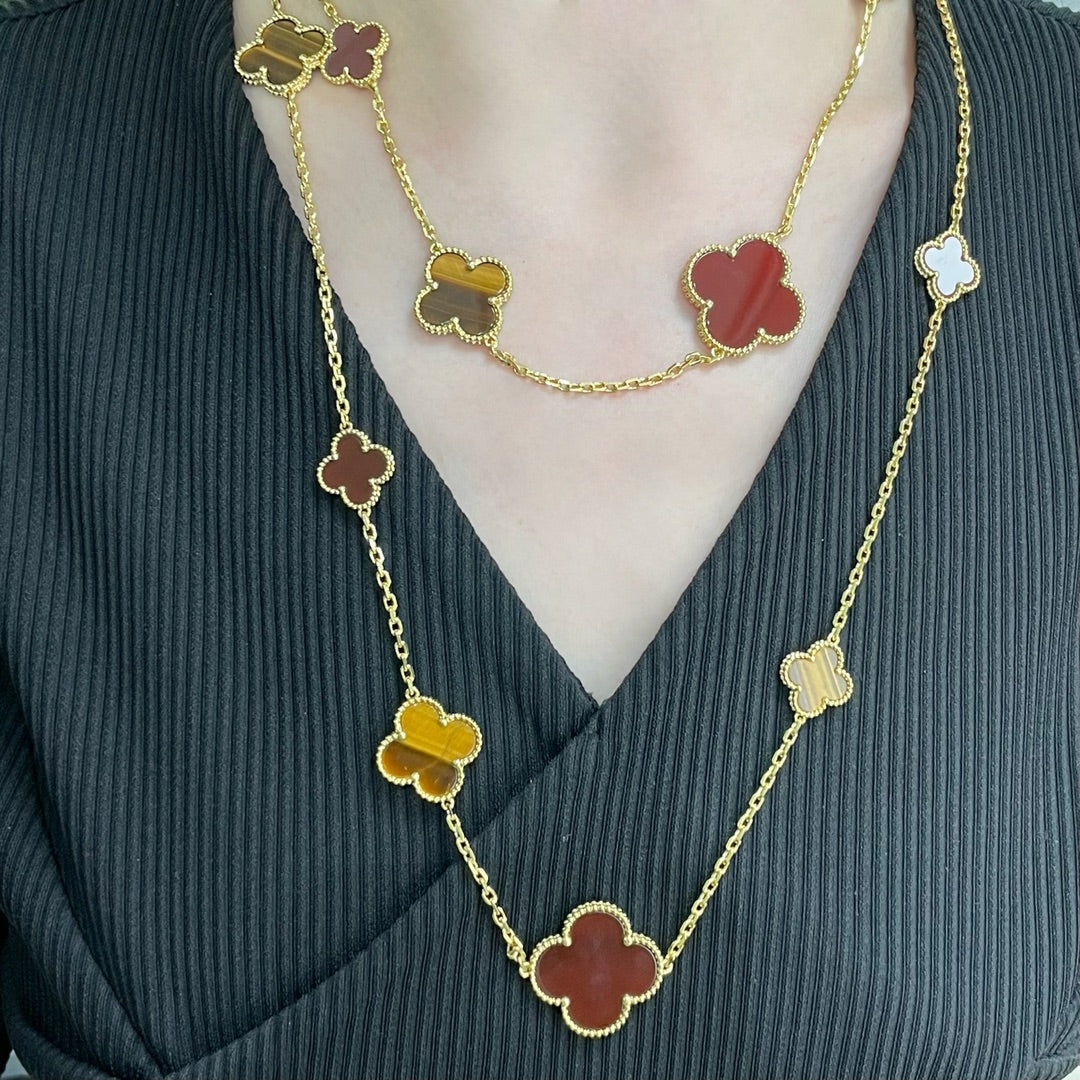 [Everoly JW]CLOVER 16 MOTIF CARNELIAN TIGER EYE ROSE GOLD NECKLACE