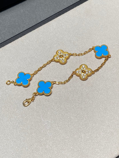 [Everoly JW]CLOVER 5 MOTIF BLUE CHALCEDONY DIAMOND GOLD BRACELET