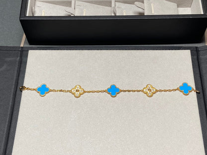 [Everoly JW]CLOVER 5 MOTIF BLUE CHALCEDONY DIAMOND GOLD BRACELET
