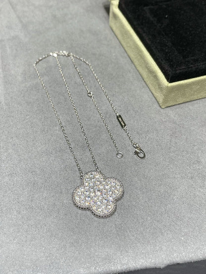 [Everoly JW]CLOVER 25MM LARGE PENDANT DIAMOND PAVED SILVER NECKLACE