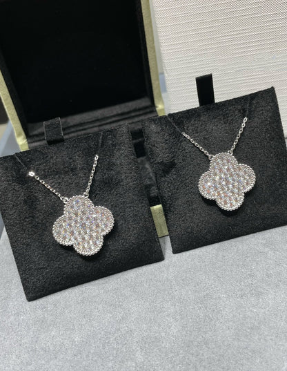 [Everoly JW]CLOVER 25MM LARGE PENDANT DIAMOND PAVED SILVER NECKLACE