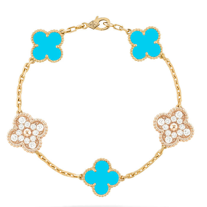 [Everoly JW]CLOVER 5 MOTIF TURQUOISE DIAMOND GOLD BRACELET