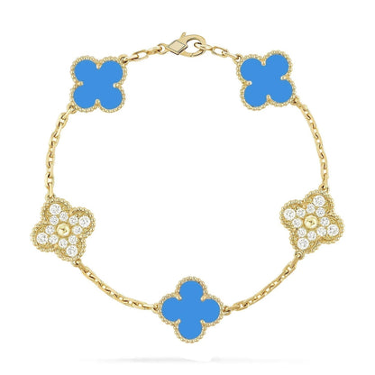 [Everoly JW]CLOVER 5 MOTIF BLUE CHALCEDONY DIAMOND GOLD BRACELET