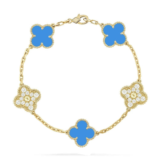 [Everoly JW]CLOVER 5 MOTIF BLUE CHALCEDONY DIAMOND GOLD BRACELET