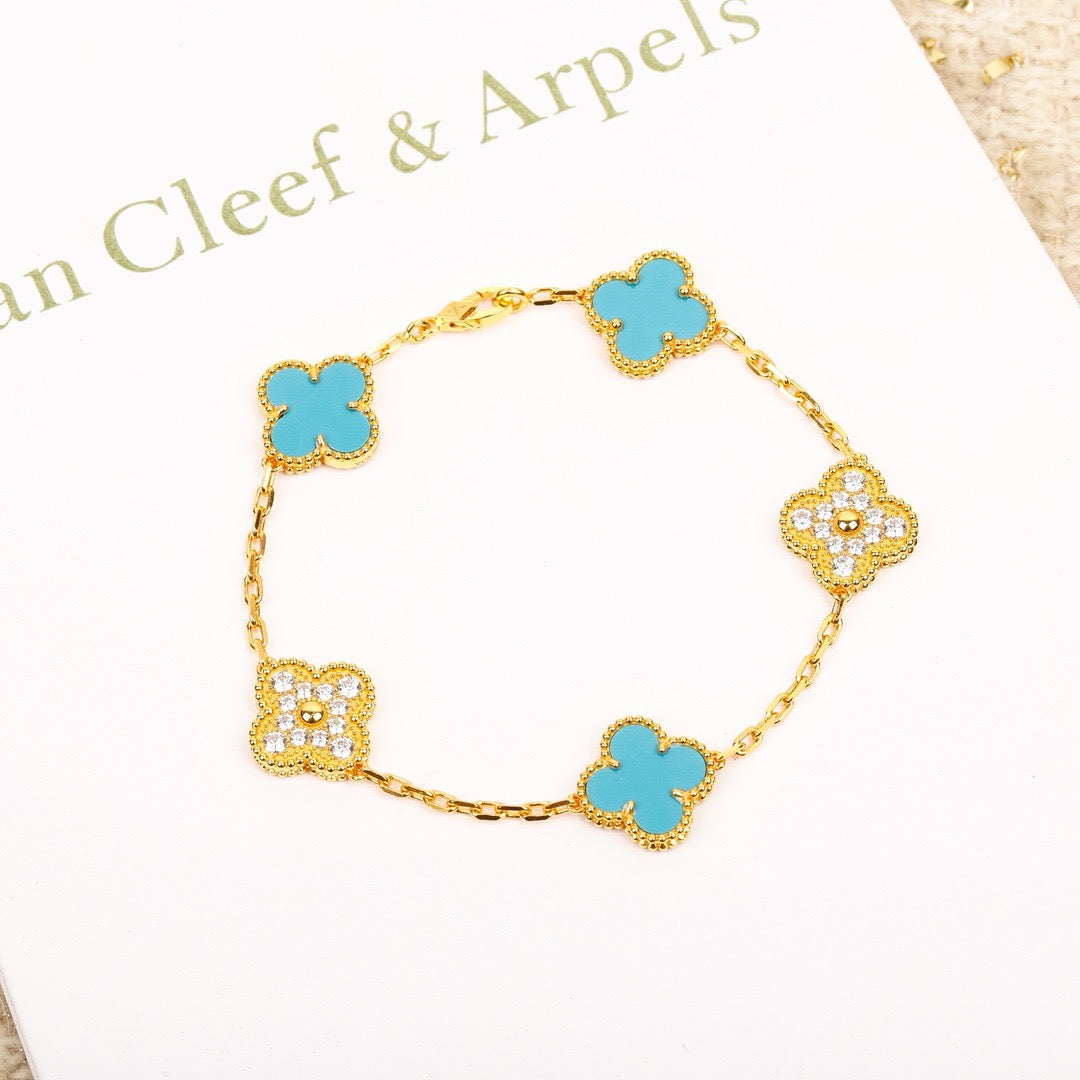 [Everoly JW]CLOVER 5 MOTIF TURQUOISE DIAMOND GOLD BRACELET