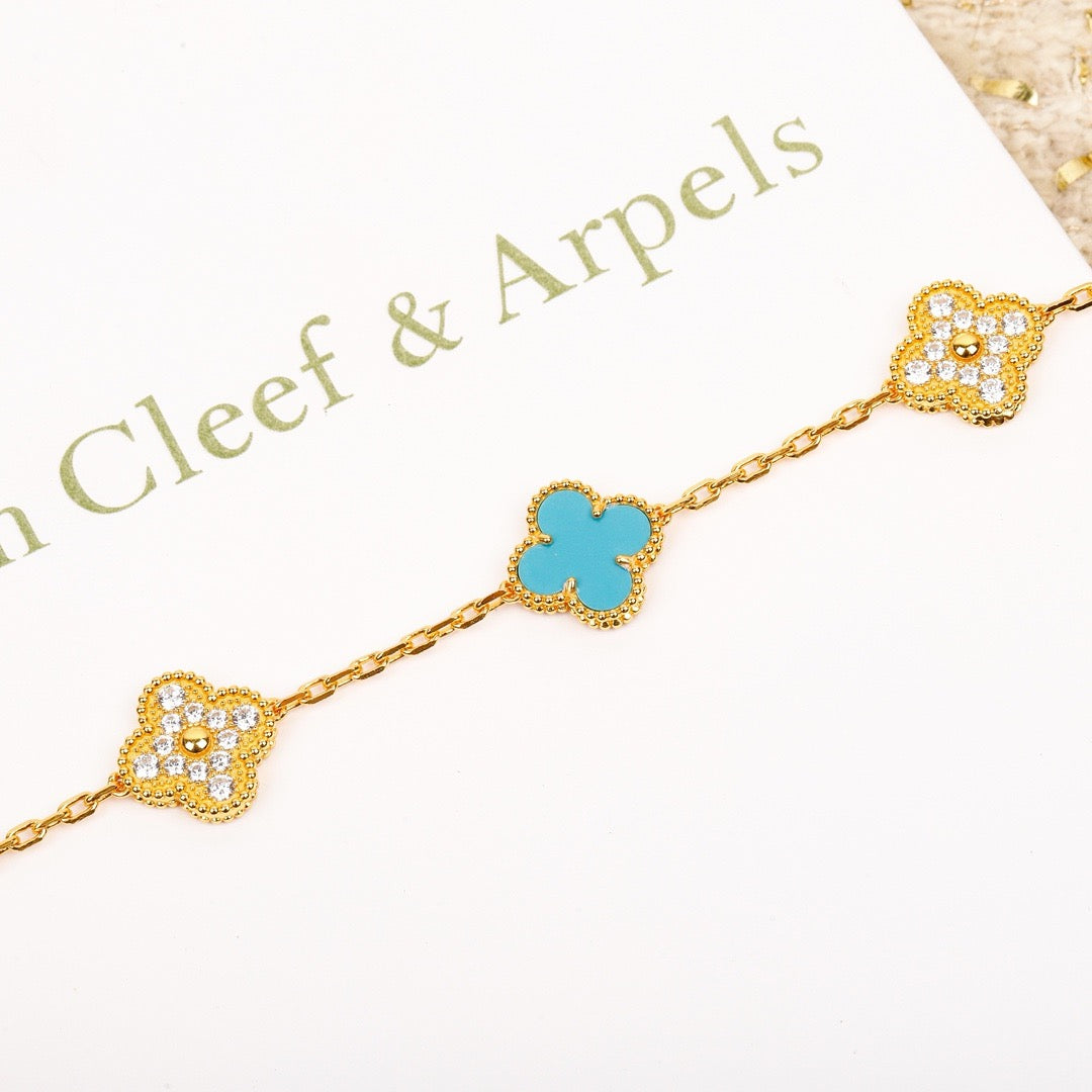 [Everoly JW]CLOVER 5 MOTIF TURQUOISE DIAMOND GOLD BRACELET