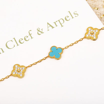 [Everoly JW]CLOVER 5 MOTIF TURQUOISE DIAMOND GOLD BRACELET