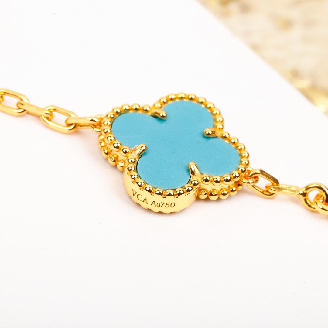 [Everoly JW]CLOVER 5 MOTIF TURQUOISE DIAMOND GOLD BRACELET