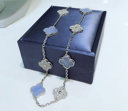 [Everoly JW]CLOVER 10 MOTIFS CHALCEDONY DIAMONDS SILVER NECKLACE